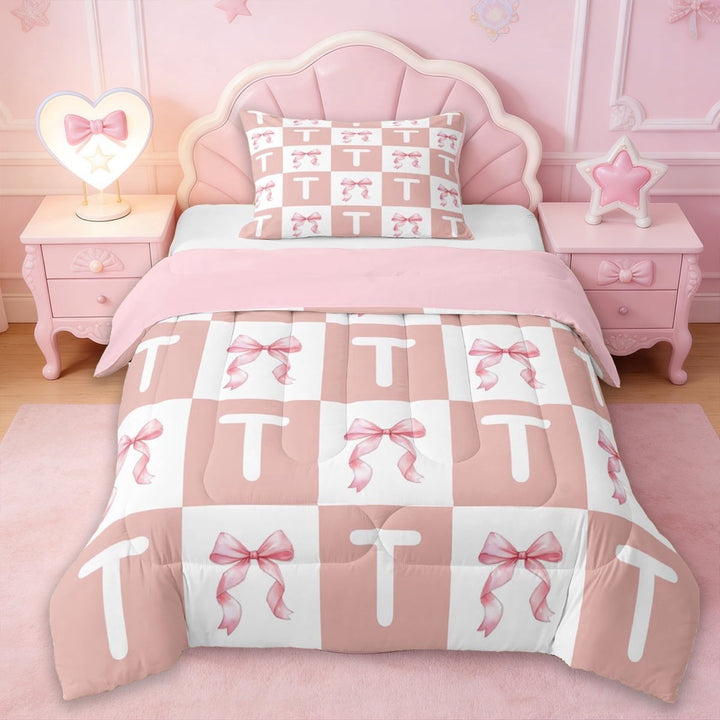 Erosebridal Cartoon Letter T Monogrammed Twin Comforter Sets,Pink Girly Bowknot Princess Bow Bedding Set For Kids,Reversible pink,2-Piece