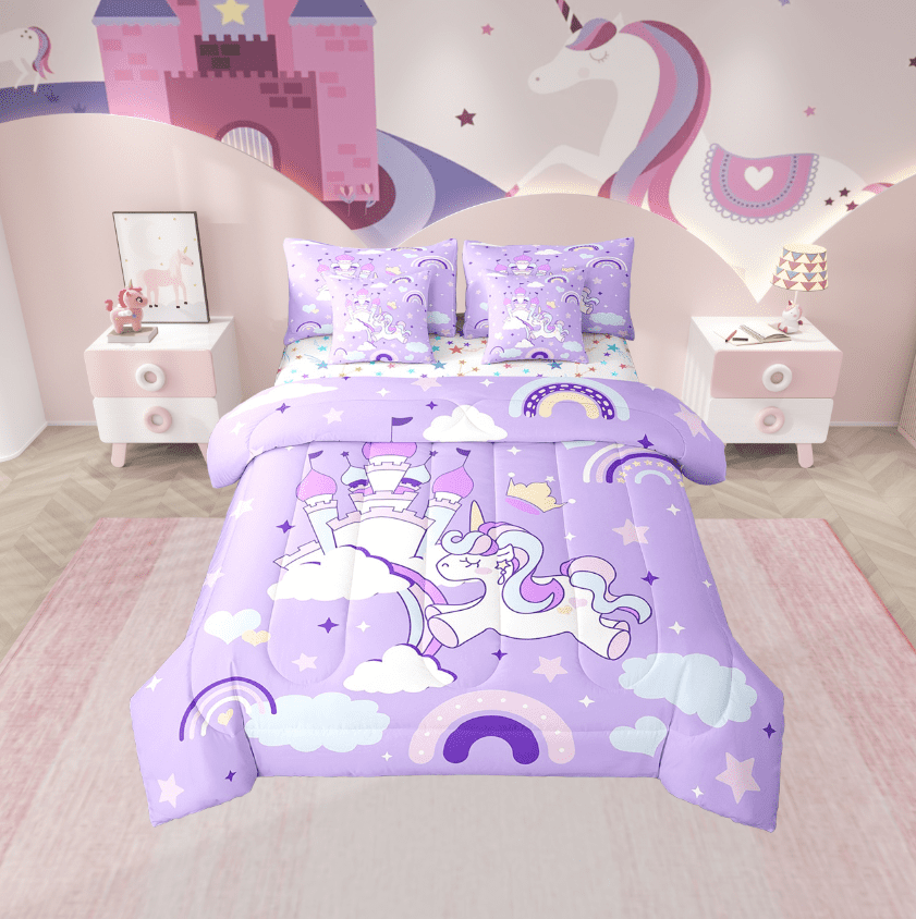 Erosebridal Unicorn Castle Bedding Sets Twin Size,Stars Rainbow Comforter Sets with Sheets,Cartoon Animal Bed in a Bag Twin size,Lightweight Kawaii Bedroom Decoration,Reversible,7-Piece