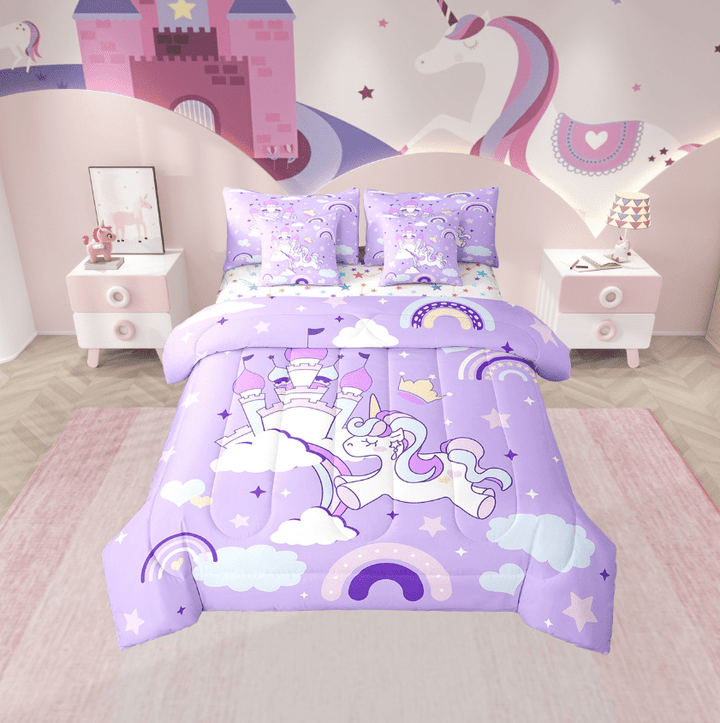 Erosebridal Unicorn Castle Bedding Sets Twin Size,Stars Rainbow Comforter Sets with Sheets,Cartoon Animal Bed in a Bag Twin size,Lightweight Kawaii Bedroom Decoration,Reversible,7-Piece