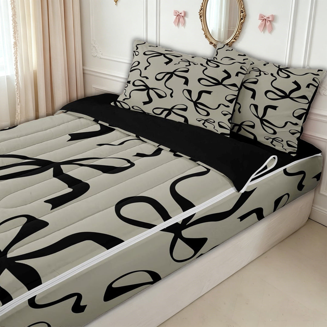meiyoeat Minimalist Bow Zipper Full Size Comforter Sets with Fitted Sheet and 2 Pillowcases for Kids Girls, Beige Black Ribbon Zipper Bedding Set for Bedroom, Black ReversibleG