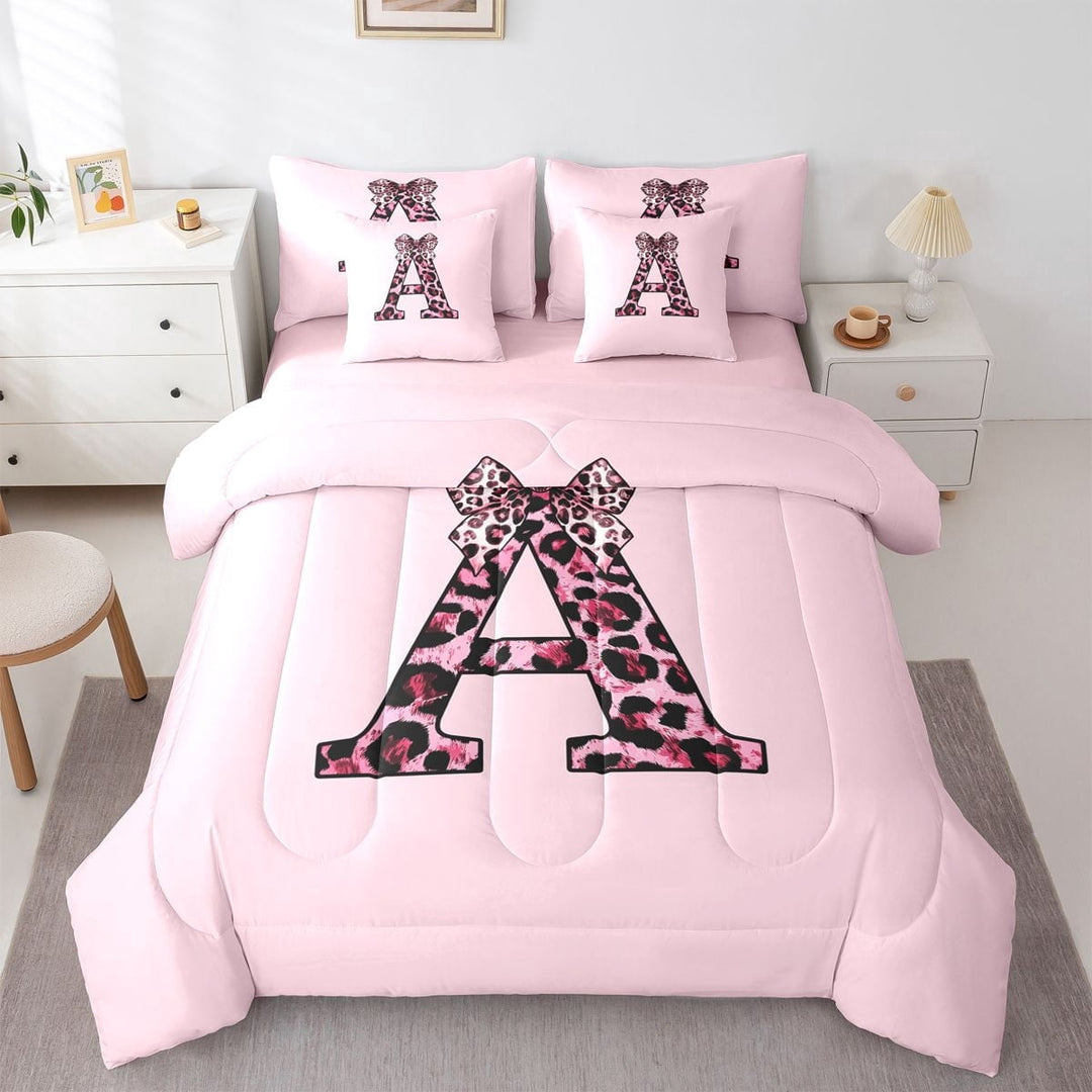 Erosebridal Black Pink Leopard Print Bow Knot Girl Twin Bedding Sets 7-Piece,Personalized Initial A Bedding Comforter Set For Teens,Pink Reversible