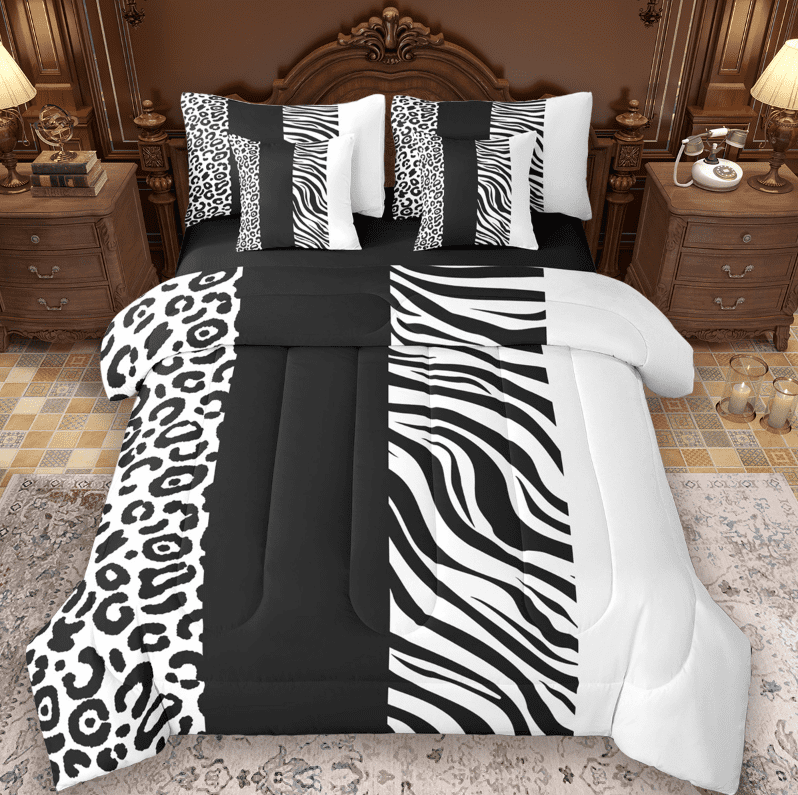 Manfei Abstract Zebra Print 7 Pieces Bedding Comforter Set,Cheetah Pattern Full Bedding Set,White Black Stripes Fitted Sheet Flat Sheet For Children,Microfiber Bedroom Decor Reversible
