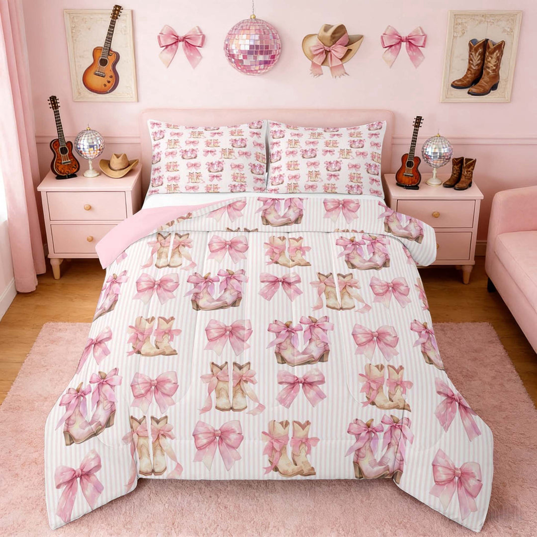 Erosebridal Pink Stripe Cowgirl Boots Bow Print Full Size Comforter Sets, Soft Western Bedding Sets for Girls, Pink Reversible 3pcs, 1 Comforter and 2 Pillowcases