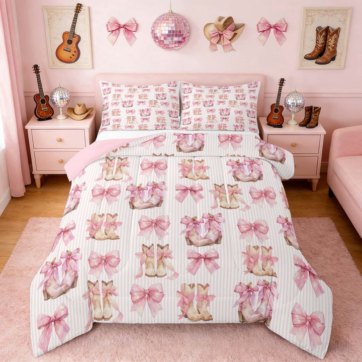Erosebridal Pink Stripe Cowgirl Boots Bow Print Full Size Comforter Sets, Soft Western Bedding Sets for Girls, Pink Reversible 3pcs, 1 Comforter and 2 Pillowcases