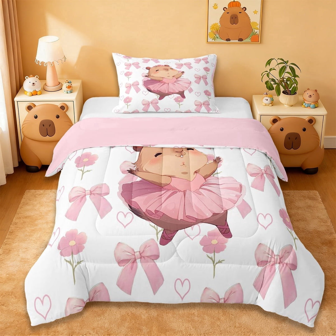 Erosebridal Brown Cartoon Capybara Twin Comforter Sets For Capybara Lover,Cute Coquette Bows Bedding Set For Kids Girls ,Reversible Pink 2-Piece