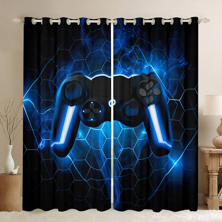 Neon Gaming 30%-50% Blackout Curtains Gamer Curtains &amp; Drapes Game Room Decor,Black and Blue Gamepad Window Curtains,Hexagon Honeycomb Geometric Window Treatments
