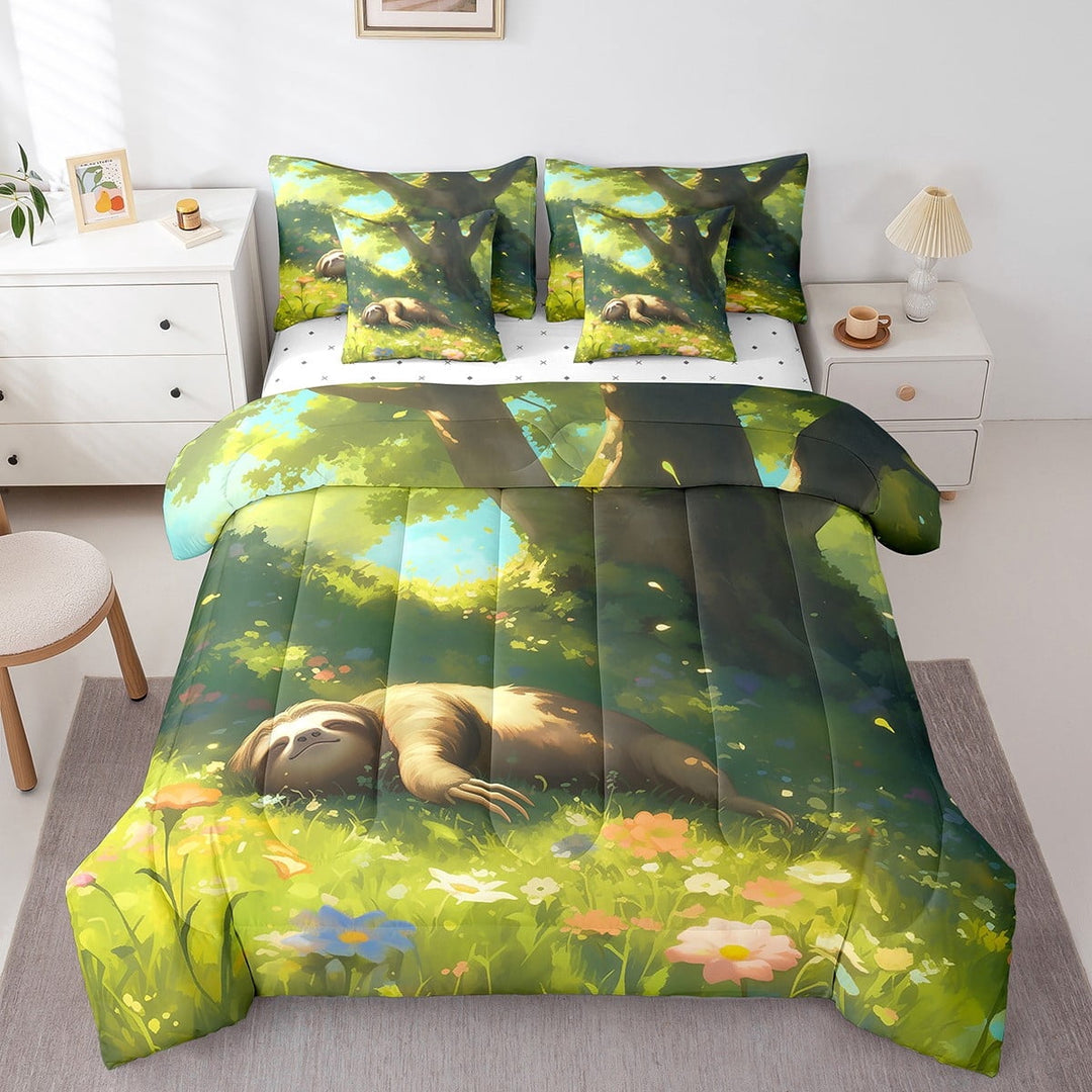 Sleepy Sloth Bedding Comforter Sets 7pcs Cartoon Wildlife Bed in a Bag, Woodland Animal Twin Bedding Sets Botanical Plants Comforter Set, Watercolor Floral Flower Bedding Sets &amp; Collections