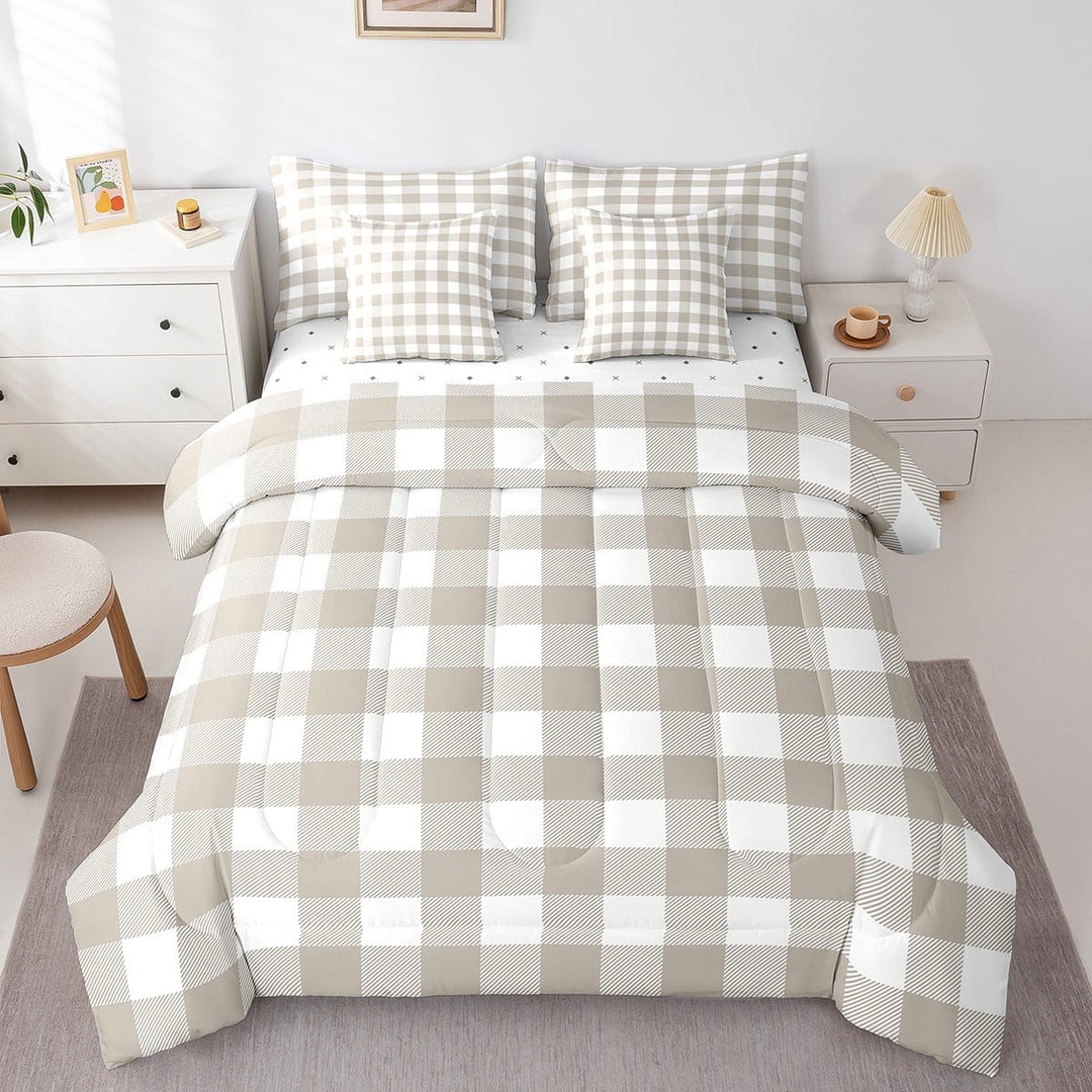 Erosebridal Brown Buffalo Bedding Sets Twin Size,Abstract Artwork Comforter Sets with Sheets,Geometric Plaid Bed in a Bag Twin size,Super Cozy Grid Room Decorative,7pcs