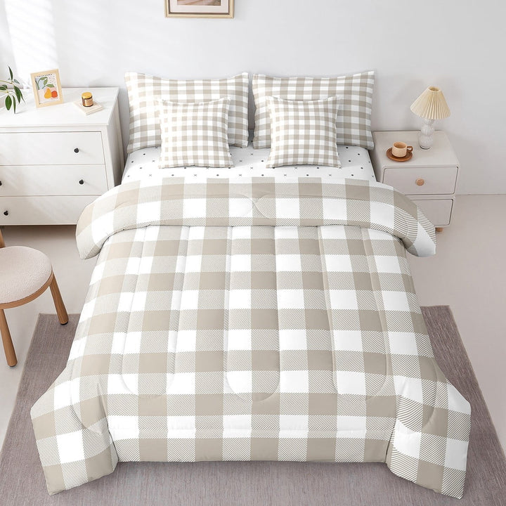 Erosebridal Brown Buffalo Bedding Sets Twin Size,Abstract Artwork Comforter Sets with Sheets,Geometric Plaid Bed in a Bag Twin size,Super Cozy Grid Room Decorative,7pcs
