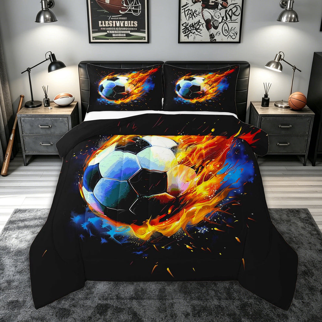 meiyoeat Fire Soccer Ball Full Size Comforter Sets for Kids Boys, Flame Art Bedding Comforter Set for Bedroom, Black Orange, Black Reversible, 3pcs