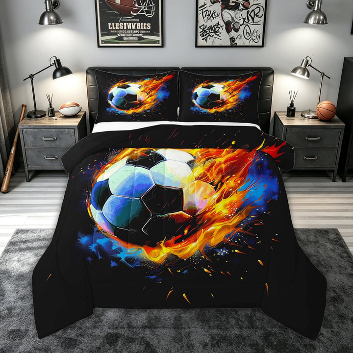 meiyoeat Fire Soccer Ball Full Size Comforter Sets for Kids Boys, Flame Art Bedding Comforter Set for Bedroom, Black Orange, Black Reversible, 3pcs
