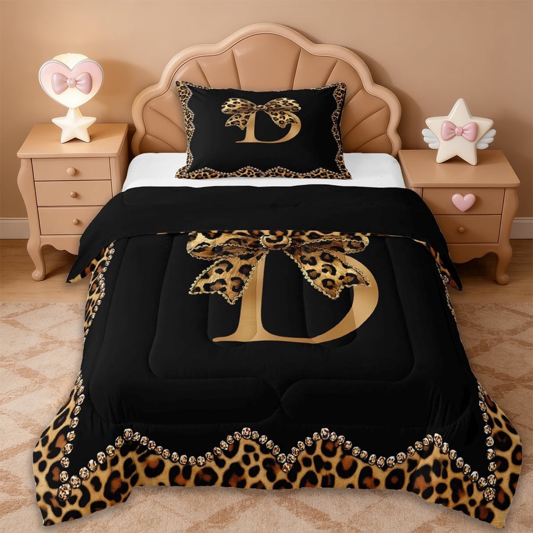 Erosebridal Leopard Pattern Personalized Gifts Twin Comforter Sets,Brown Bow Knots Alphabet D Bedding Set For Kids Girls,Reversible black,2 Pieces