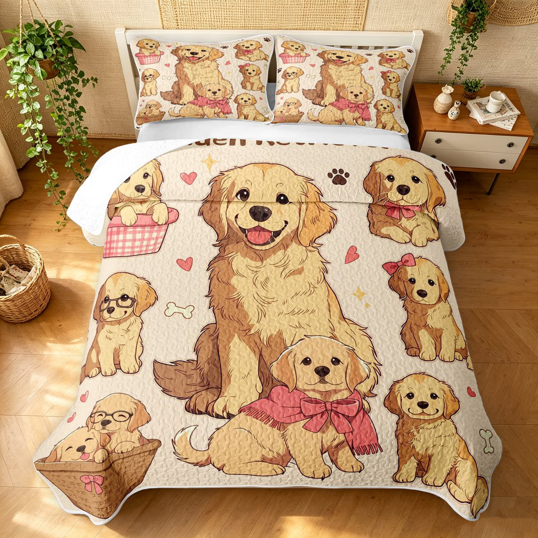 Manfei Cute Bowknot Puppy Twin Quilt Set, Golden Retriever Twin Coverlet Set, Beige Cream, 2pcs, 1 Bedspread and 1 Pillowcase
