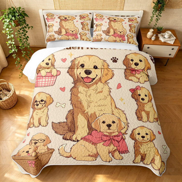 Manfei Cute Bowknot Puppy Twin Quilt Set, Golden Retriever Twin Coverlet Set, Beige Cream, 2pcs, 1 Bedspread and 1 Pillowcase