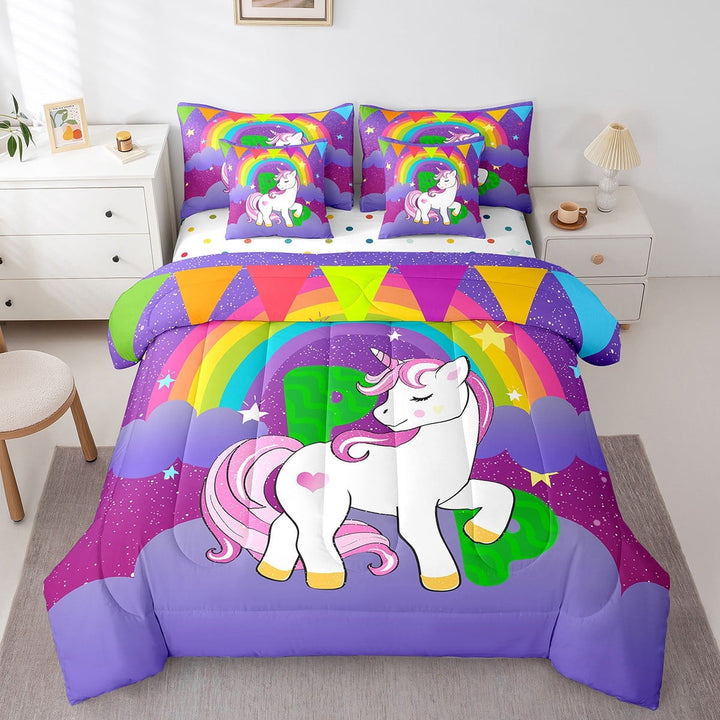 Erosebridal Green Monogrammed P Bedding Twin Size, Kawaii Unicorn Bed Set, Cute Animal Reversible Bed in a Bag Twin size, Microfiber Room Decor, 7 Pieces