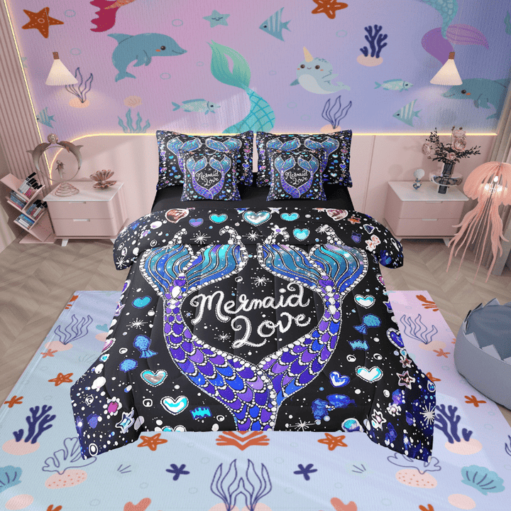 Erosebridal Mermaid Love Bedding Sets Twin Size, Fairy Tale Comforter Sets with Sheets, Ocean Princess Reversible Bed Set, Breathable Room Decorative, 7-Piece
