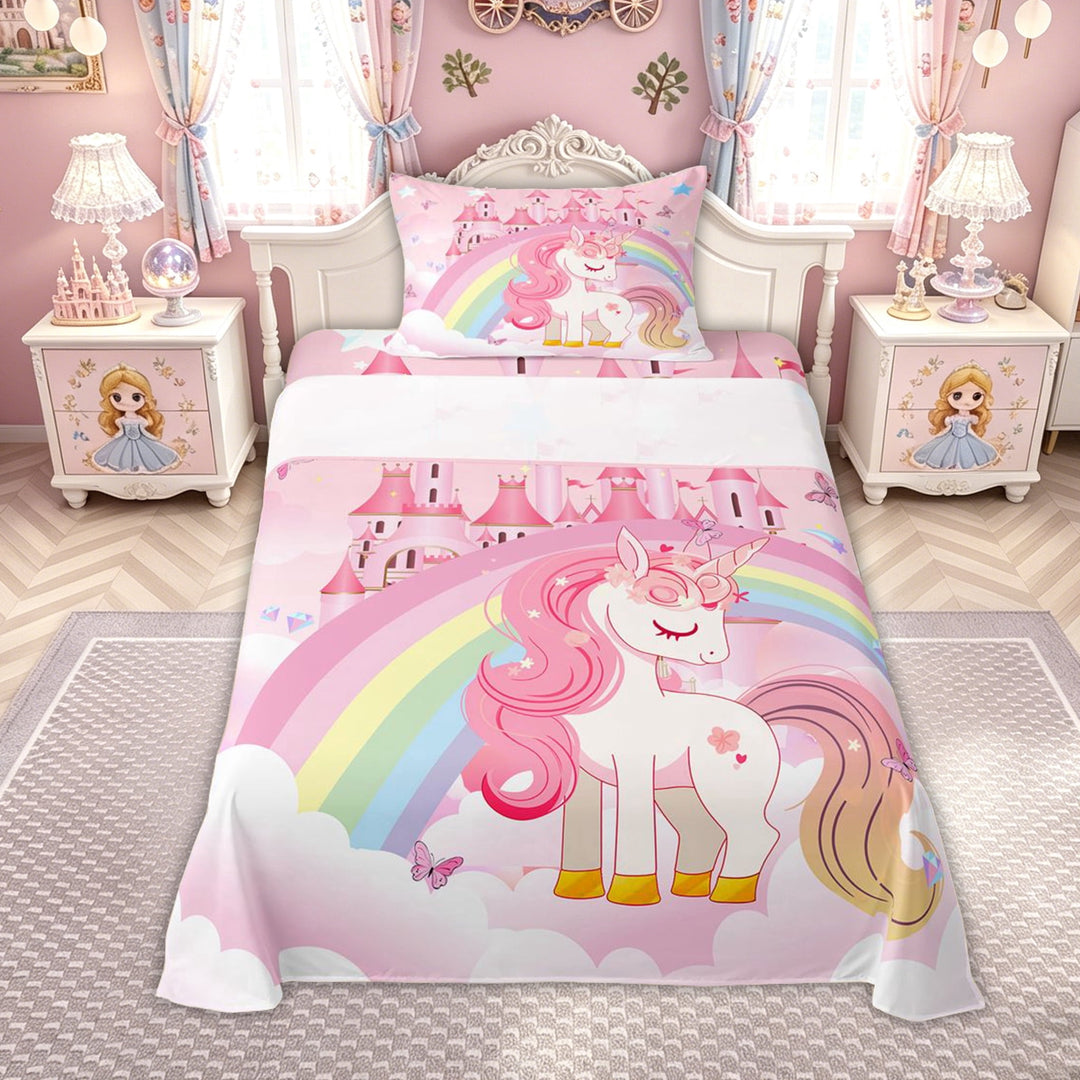 meiyoeat Magical Unicorn Castle Bed Sheets for Kids Girls, Rainbow Princess Style Full Size Sheets, Pink White, 4 Pieces