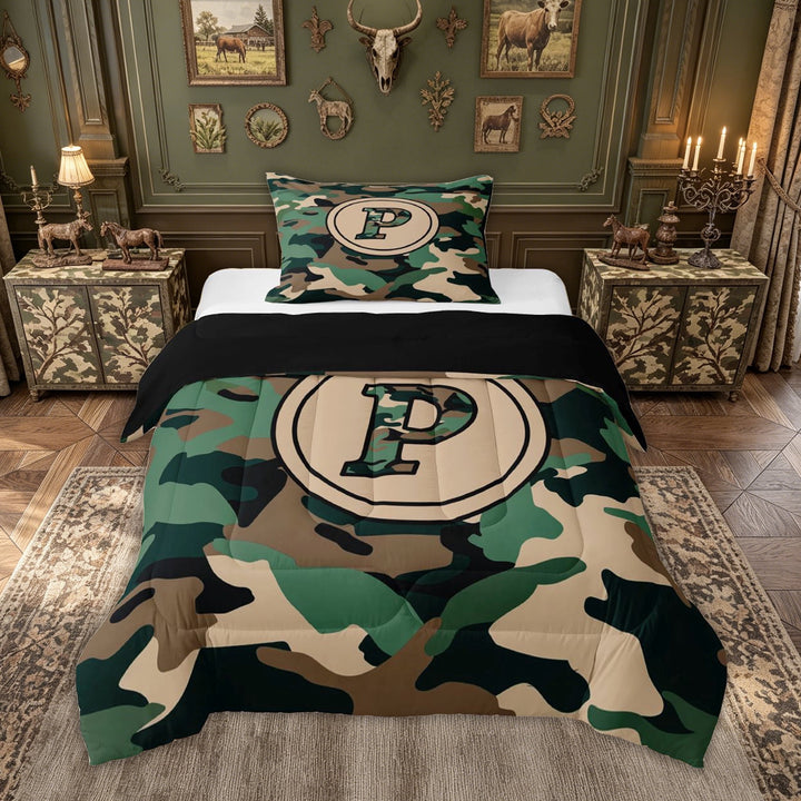 meiyoeat Camo Letter P Full Size Comforter Sets for Kids, Vintage Camouflage Bedding Comforter Set for Bedroom, Green, Black Reversible, 3-Piece, 1 Comforter and 2 Pillowcases