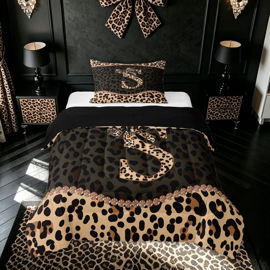 meiyoeat Fashion Leopard S Letter Full Size Comforter Sets for Women Girls, Cheetah Print Bow Bedding Comforter Set, Brown Black, Black Reversible, 3-Piece, 1 Comforter and 2 Pillowcases