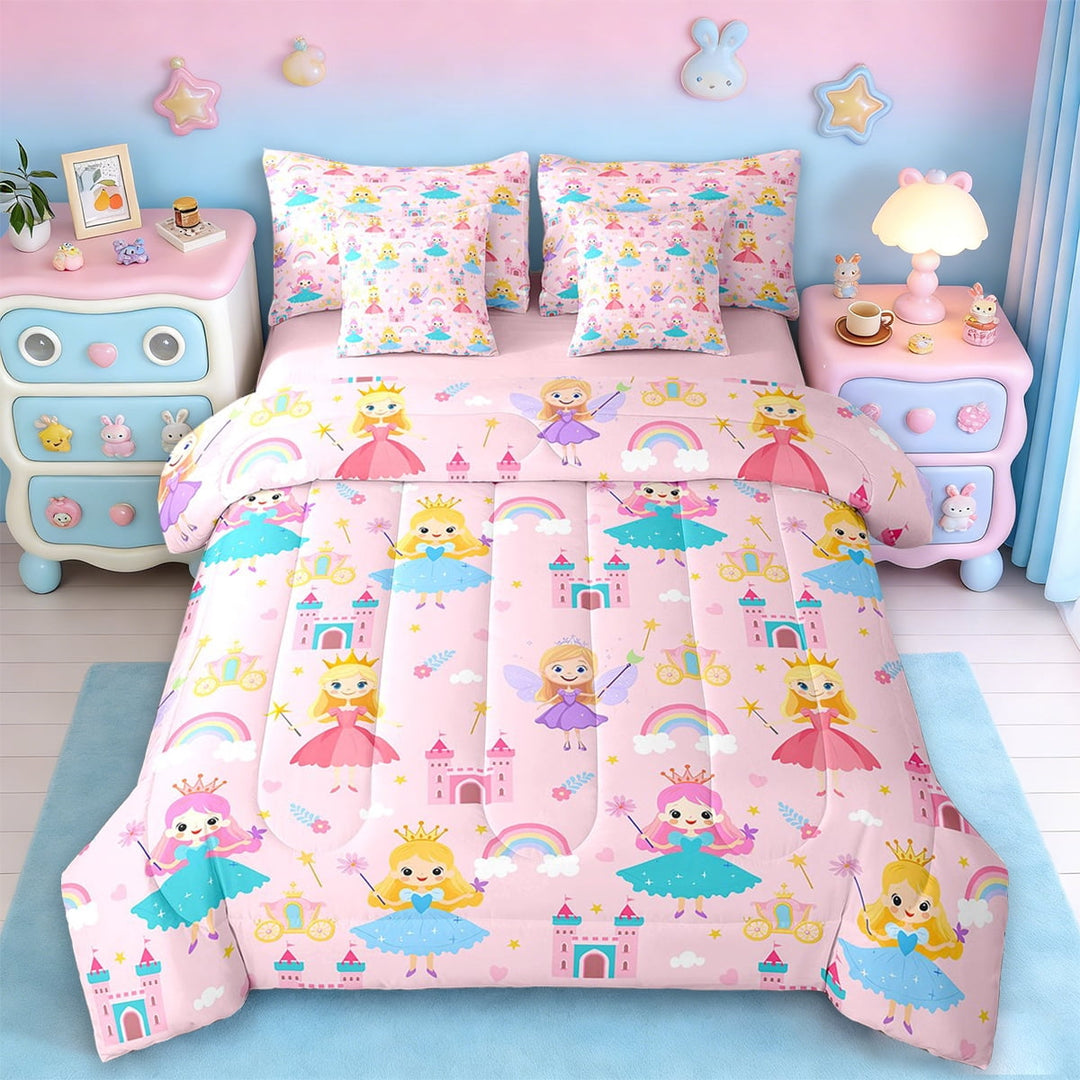 Erosebridal Magical Cartoon Princess Bed in a Bag Twin Size,Fairy Tale Castle Bed Set,Pink Rainbow Floral Bedding Twin Size,Lightweight Bedroom Decor Reversible,7 Pieces