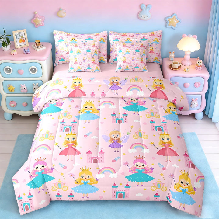 Erosebridal Magical Cartoon Princess Bed in a Bag Twin Size,Fairy Tale Castle Bed Set,Pink Rainbow Floral Bedding Twin Size,Lightweight Bedroom Decor Reversible,7 Pieces