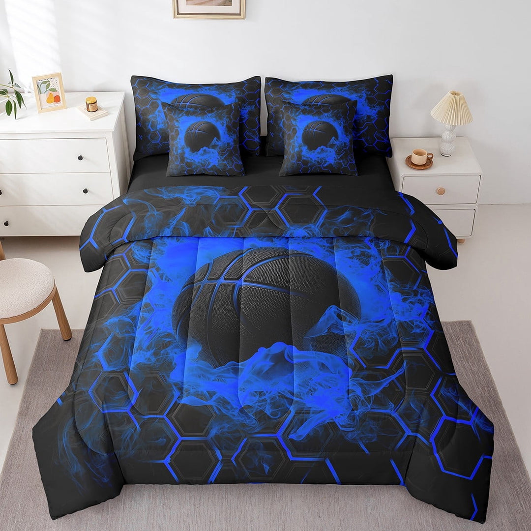 Basketball Bedding Set Twin Size,Sci Teal Honeycomb Comforter Set Teens,Geometric Hexagon Bed in a Bag(Comforter,Sheets,Pillowcases &amp; Cushion Covers)7 Pieces Bed Set