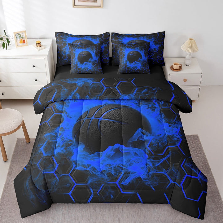Basketball Bedding Set Twin Size,Sci Teal Honeycomb Comforter Set Teens,Geometric Hexagon Bed in a Bag(Comforter,Sheets,Pillowcases &amp; Cushion Covers)7 Pieces Bed Set