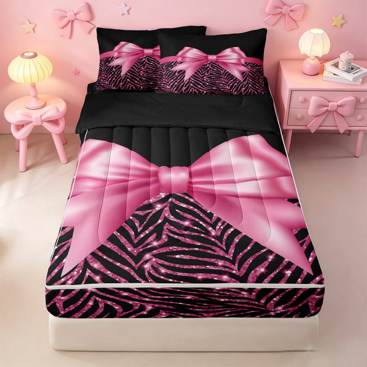 meiyoeat Pink Coquette Bow Zipper Full Size Comforter Sets with Fitted Sheet and 2 Pillowcases For Girls,Abstract Zebra Print Lines Zipper Bedding Set For Kids,Black Reversible,4 Pieces