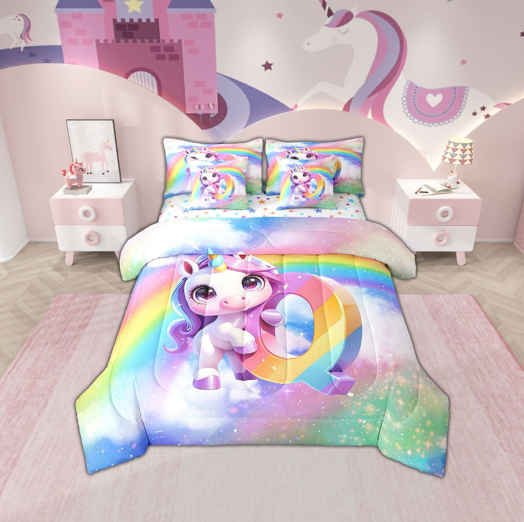 Erosebridal Initial A to Z Letter Bedding Twin Size, Monogrammed Q Bed Set, Unicorn Reversible Bedding Sets Twin Size, Microfiber Bedroom Decor, 7 Pieces
