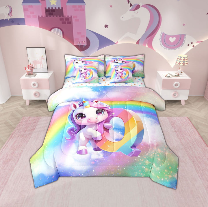 Erosebridal Initial A to Z Letter Bedding Twin Size, Monogrammed Q Bed Set, Unicorn Reversible Bedding Sets Twin Size, Microfiber Bedroom Decor, 7 Pieces