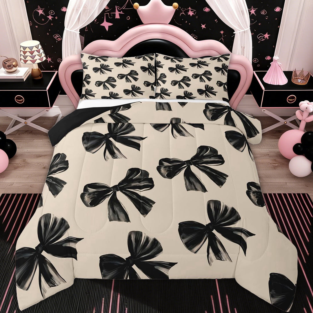 Erosebridal Bow Bedding Set Full Black Bow Tie Bedding Comforter Sets Teen Adults Room Decor,Watercolor Bowknot Comforter Set Black White Simple Decor Bed Duvet Set
