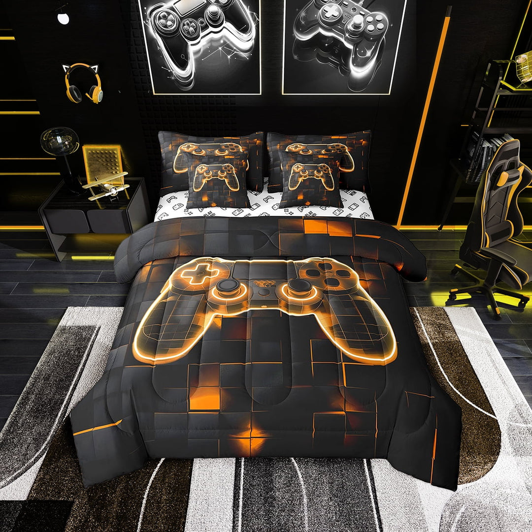 Geometric Gaming Comforter Teen 7pcs Video Game Bed in A Bag Gamer Bedding Set Gamepad Decor(1 Comforter,2 Pillowcases,1 Flat Sheet,1 Fitted Sheet,2 Throw Pillow Covers)