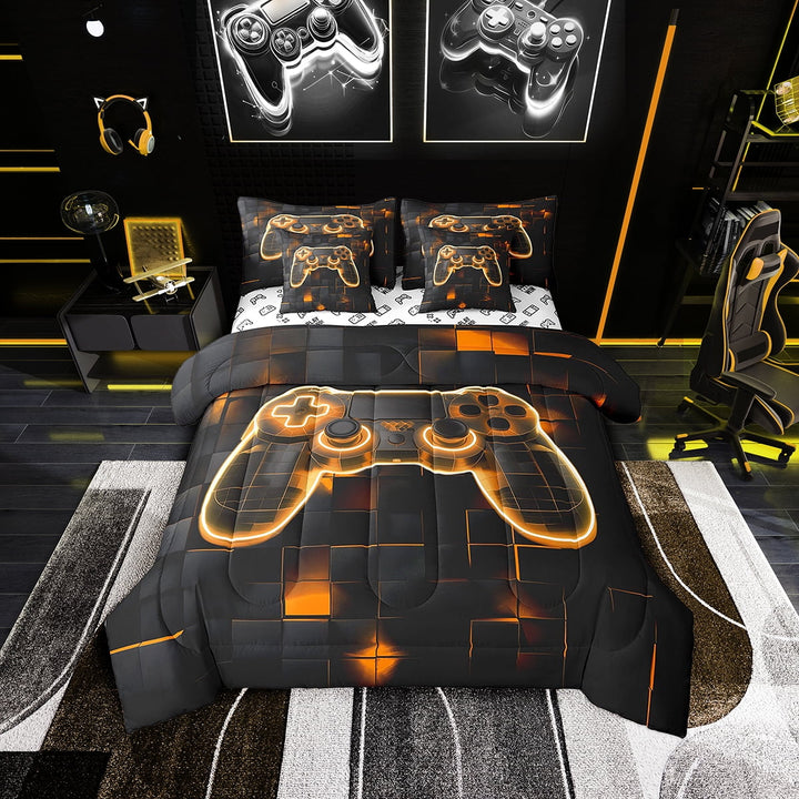 Geometric Gaming Comforter Teen 7pcs Video Game Bed in A Bag Gamer Bedding Set Gamepad Decor(1 Comforter,2 Pillowcases,1 Flat Sheet,1 Fitted Sheet,2 Throw Pillow Covers)