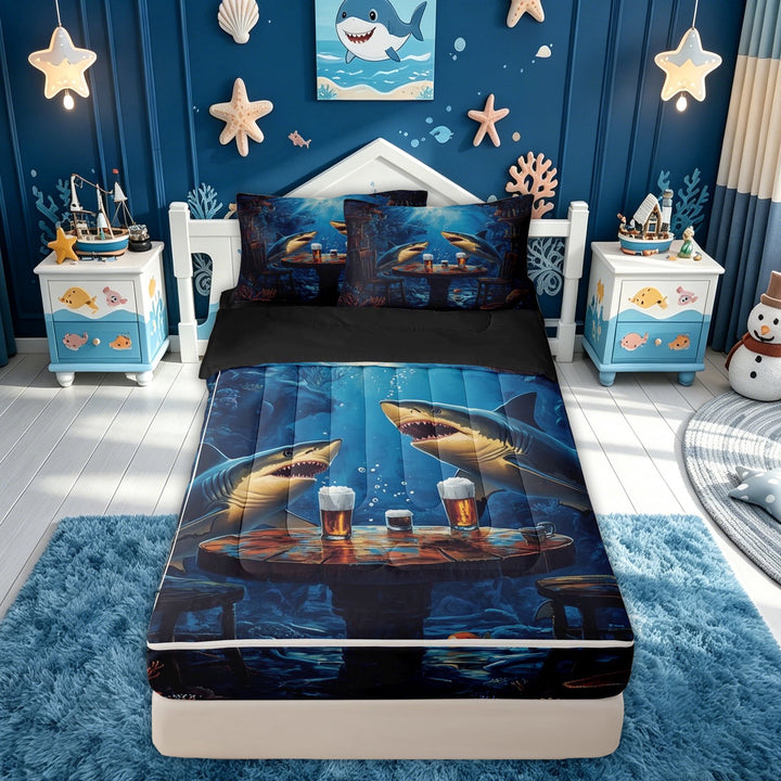 meiyoeat Ocean Navy Shark Zipper Full Size Comforter Sets with Fitted Sheet and 2 Pillowcases for Men Boys, Kawaii Coastal Animal Zipper Bedding Set, Black Reversible, 4 Pieces