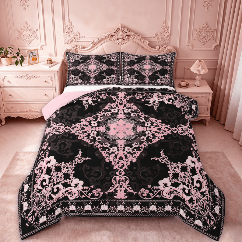Erosebridal Pink Baroque Floral Queen Comforter Set,Vintage Gothic Damask Bedding Comforter Set For Men Women,Reversible pink,3-Piece