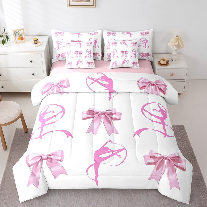 Erosebridal Kawaii Bowknot Bedding Sets Twin Size,Gymnastics Dance Comforter Sets with Sheets,Dreamy Princess Bed in a Bag Twin size,Lightweight Girls Bedroom Decor,Reversible,7pcs