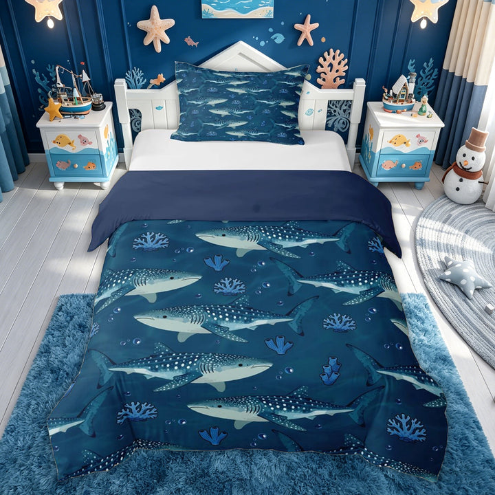 meiyoeat Whale Shark Bedding for Kids Boys, Navy Coral Reef Duvet Cover Full for Bedroom, Blue Reversible, 3pcs