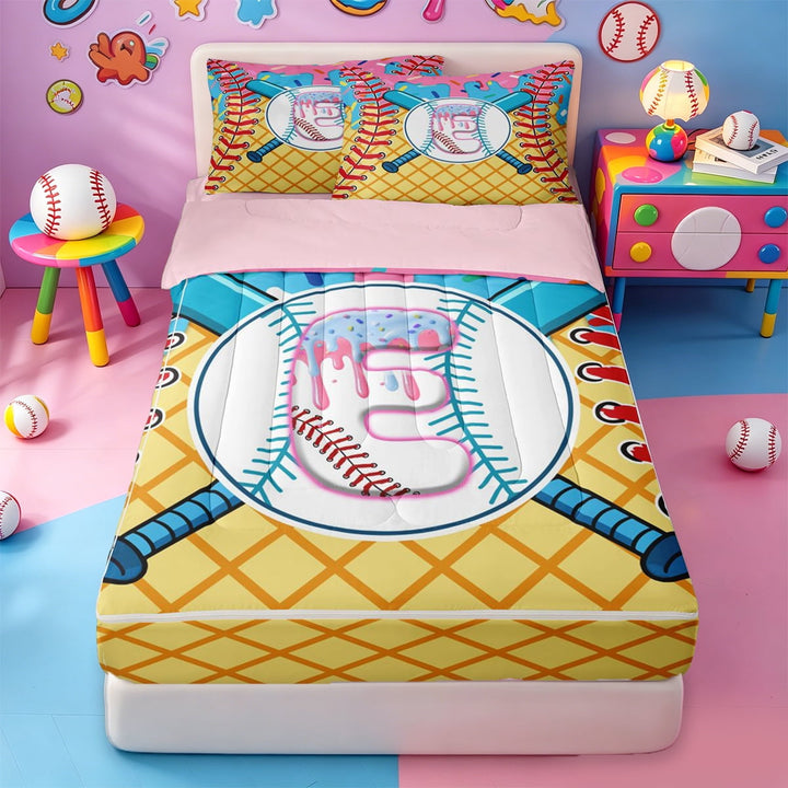 meiyoeat Baseball Letter E Zipper Full Size Comforter Sets with Fitted Sheet and 2 Pillowcases For Kids,Multicolor Ice Cream Drip Zipper Bedding Set For Ball Gaming Lover,pink Reversible,4-Piece