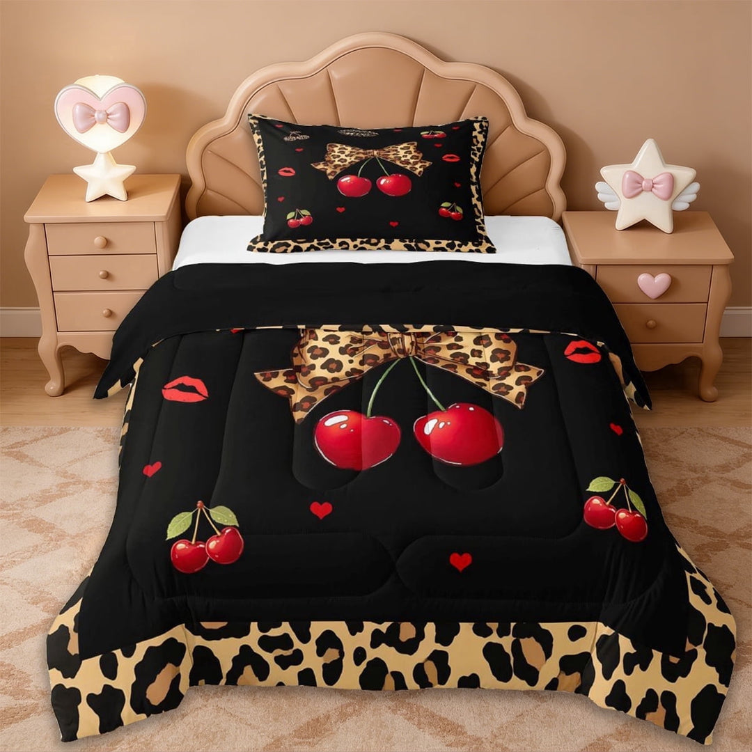 Erosebridal Leopard Print Bowknot Twin Comforter Sets,Red Cute Cherry Bedding Set For Kids Girls,Reversible black,2-Piece