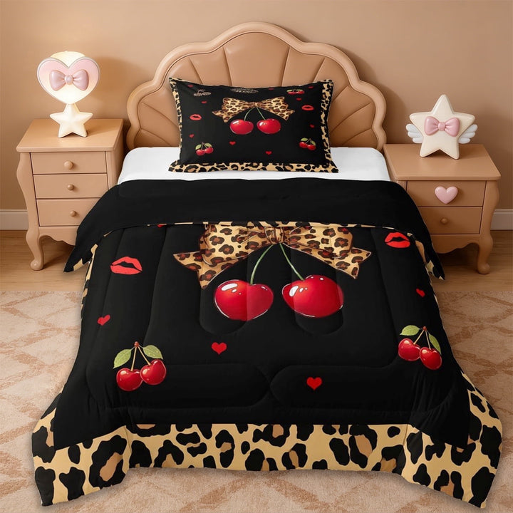 Erosebridal Leopard Print Bowknot Twin Comforter Sets,Red Cute Cherry Bedding Set For Kids Girls,Reversible black,2-Piece