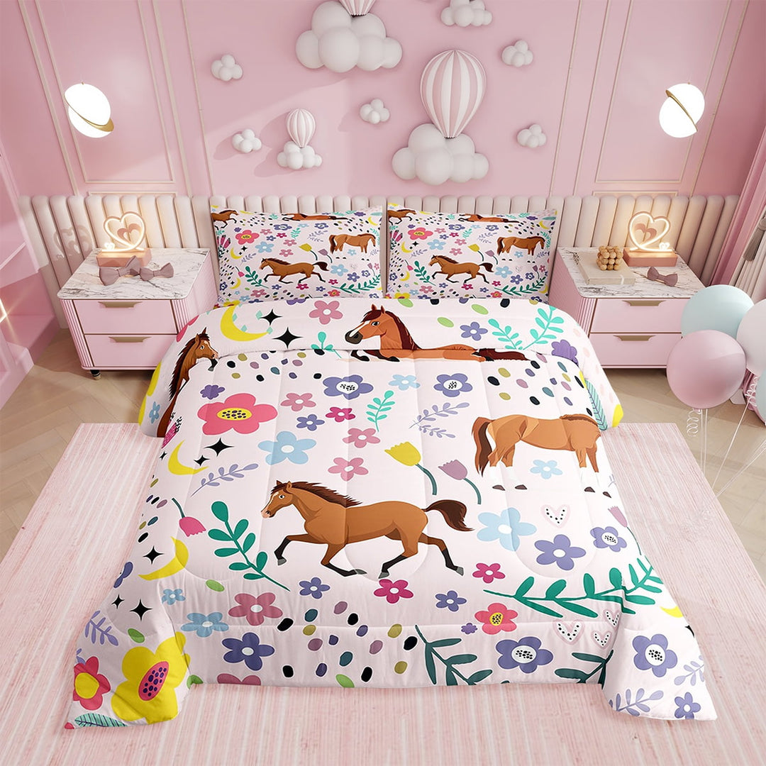 Floral Horse Comforter Full Size,Gallping Horse Comforter Set Teens ,Cartoon Animal Bedding Set Printed Comforter with 2 Pillowcases,Down Alternative,(Pink锛孎ull Size)