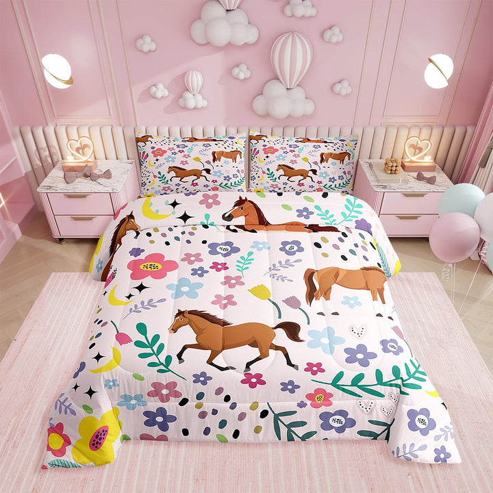 Floral Horse Comforter Full Size,Gallping Horse Comforter Set Teens ,Cartoon Animal Bedding Set Printed Comforter with 2 Pillowcases,Down Alternative,(Pink锛孎ull Size)