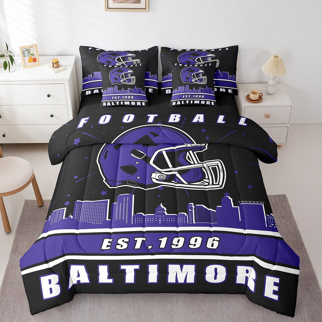 Erosebridal Football City Baltimore Bedding Sets, Soccer Sport Comforter Sets with Sheets, Black Purple Reversible Bed Sheets Set, Microfiber Bedroom Decoration, 7pcs