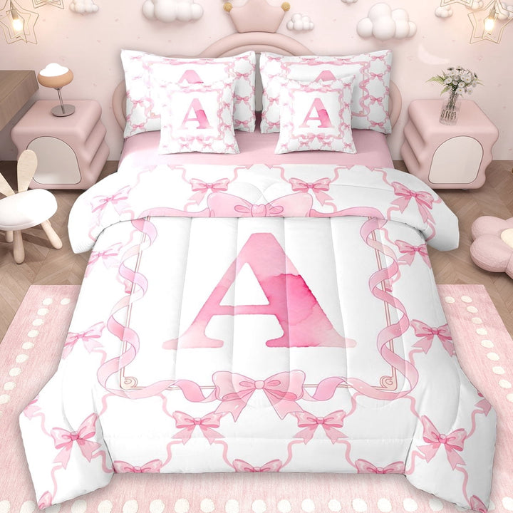 Erosebridal Cute Coquette Bowknot 7-Piece Twin Bedding Sets,Girls Pink A Alphabet Letter Bedding Comforter Set For Kids,Reversible pink