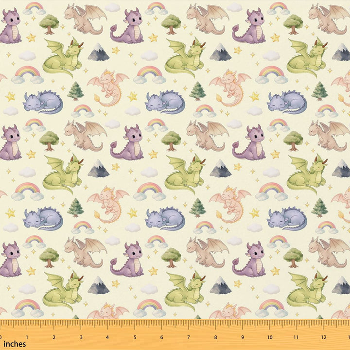 Manfei Cartoon Dragon Fabric by the Yard 1 Yard, Cute Rainbow Home Decor Fabric by the Yard, Pale Yellow