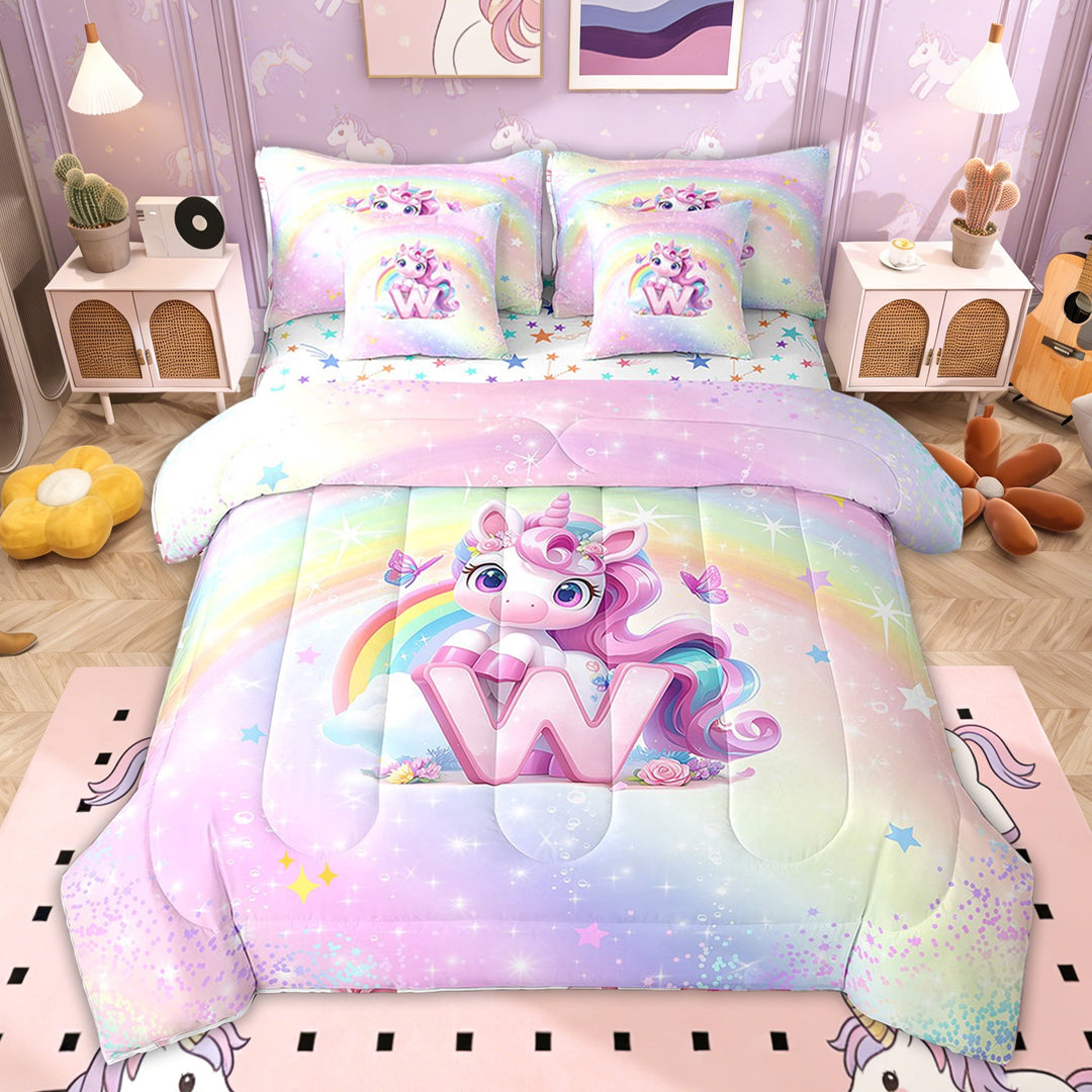 Erosebridal Glitter Stars Print Letter W Bedding Sets Twin Size for Kids Girls, Dreamy Unicorn Bedding Comforter Set, Colorful Stars Reversible 7pcs