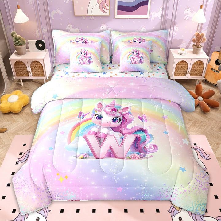 Erosebridal Glitter Stars Print Letter W Bedding Sets Twin Size for Kids Girls, Dreamy Unicorn Bedding Comforter Set, Colorful Stars Reversible 7pcs