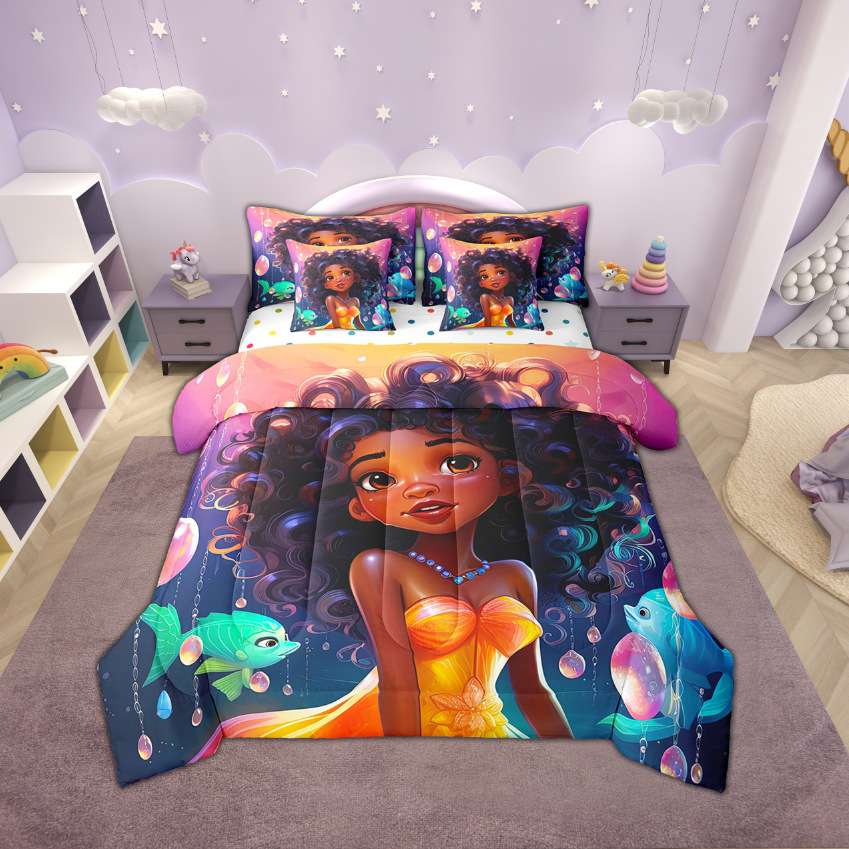 Black Comforter Set 7 Piece Bed in a Bag Twin,Afro Bedding Sets American African Princess Ocean Fish Sheet Set with Comforter