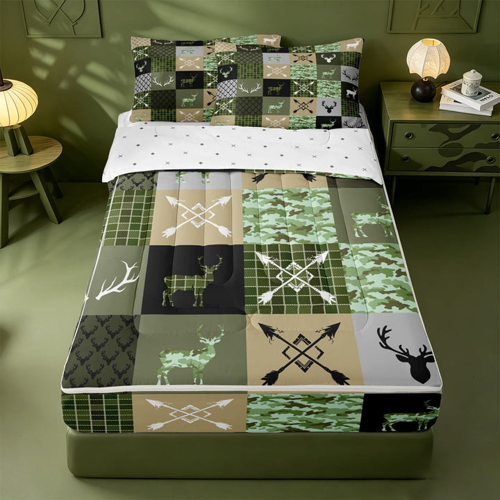 meiyoeat Green Camo Deer Silhouette Zipper Full Size Comforter Sets with Fitted Sheet and 2 Pillowcases For Kids,Vintage Farmhouse Camouflage Hunting Zipper Bedding Set,Reversible,4-Piece