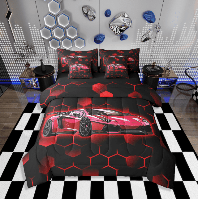 Erosebridal Teens Dirt Bike Bedding Sets Twin Size,Red Neon Hexagon Comforter Sets with Sheets,Motorcyclist Room Decor,Reversible,Breathable,7-Piece